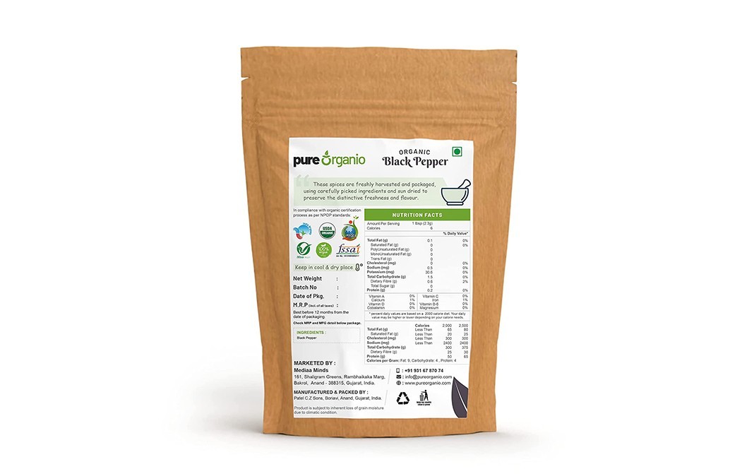 Pure Organio Organic Black Pepper    Pack  100 grams